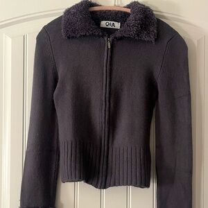 Q&A Purple Zip-Up Sweater with Fuzzy Trim